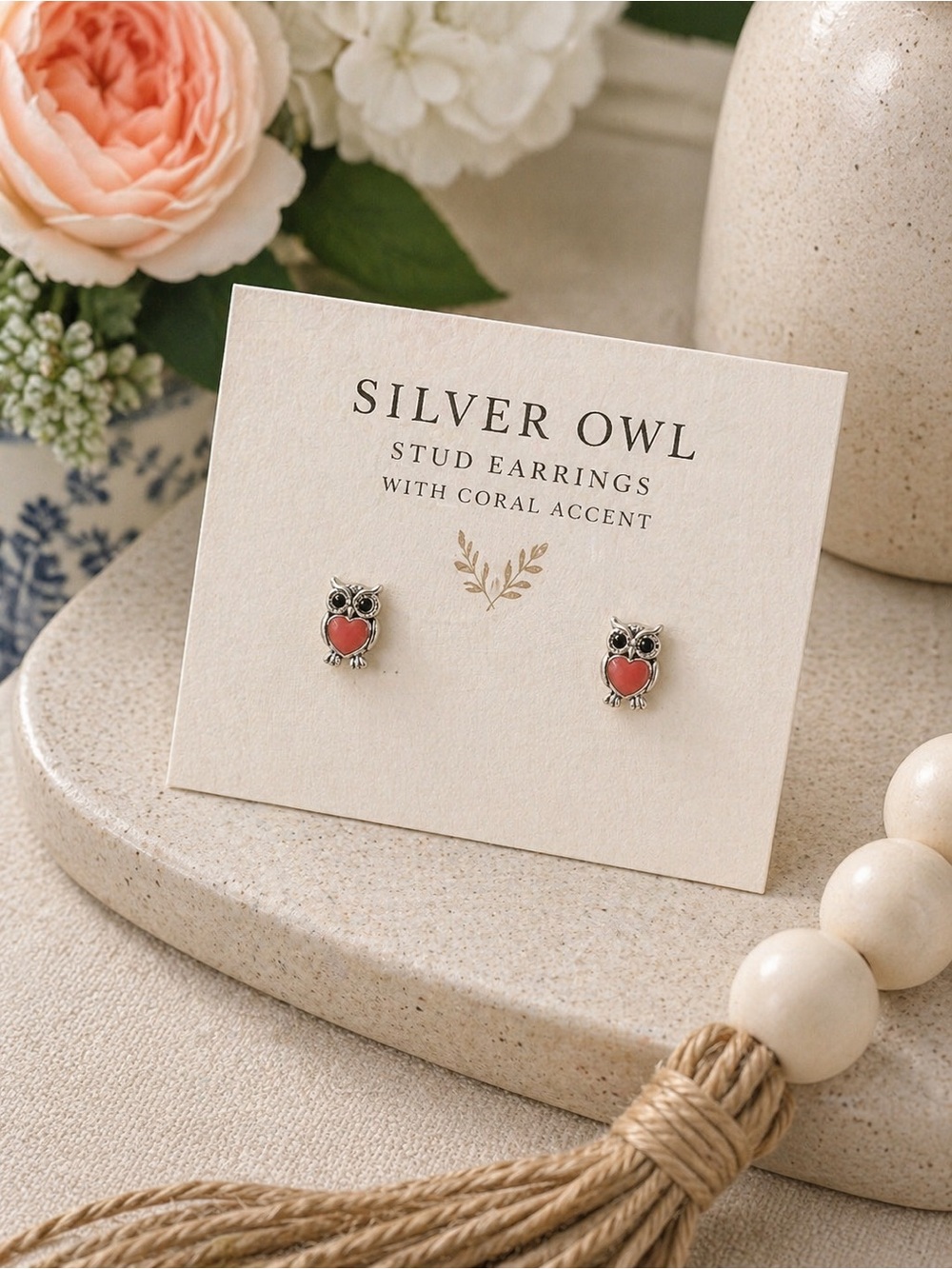 Owl Stud Earrings With Orange Detail
